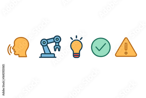 Icons representing artificial intelligence concepts including voice recognition, robotics, innovation, verification, and caution