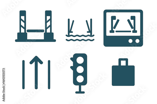 Visual representation of various symbols related to transportation and traffic management systems
