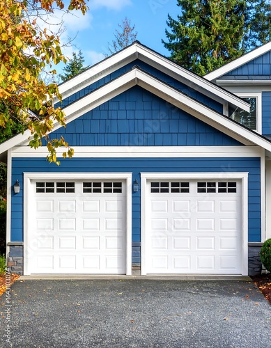 Two-car garage with blue siding