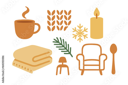 Warm and cozy elements for a relaxing winter evening at home with a cup of tea and soft linens