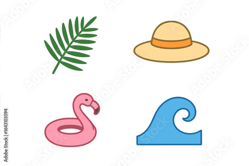 Tropical summer items featuring a palm leaf, sun hat, flamingo float, and ocean wave for beach activities