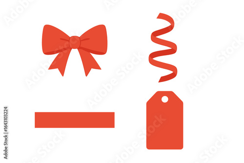 Creative elements for gift wrapping including a ribbon, curly ribbon, and tag in bright orange color