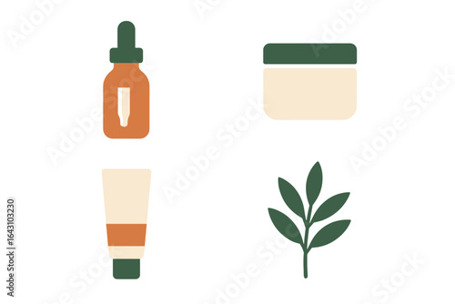 Variety of skincare products including a serum, cream, and herbal element arranged in a minimalistic style