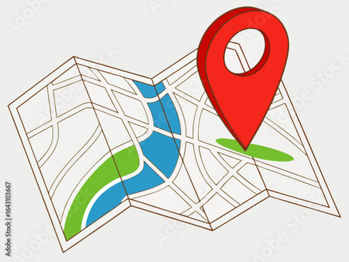 3D illustration of a folded city map with a large red location pin marker, showing streets, park, and water area, isolated on white background, clean and modern style