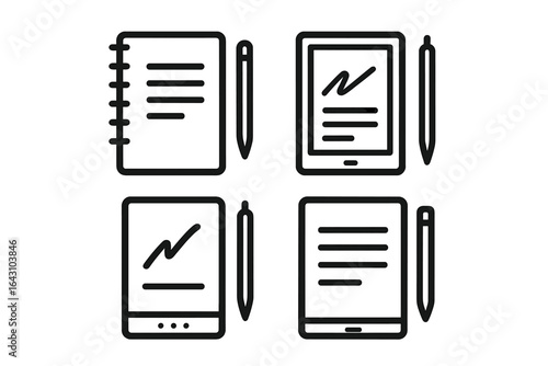 Digital and traditional note-taking methods displayed with notepad, tablet, and pens arranged in a grid layout