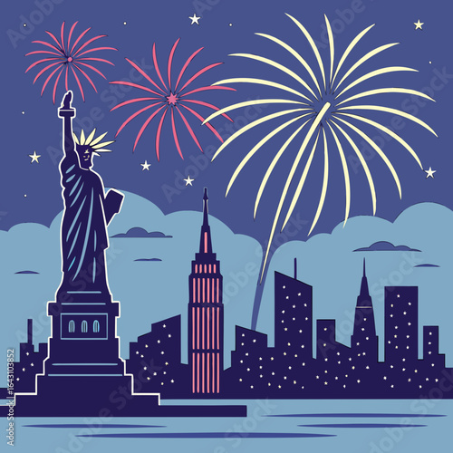 New York City skyline with Statue of Liberty and fireworks celebrating Independence Day, vector illustration for patriotic events and holidays