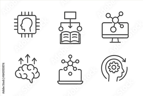 Visual representation of artificial intelligence concepts including learning, neural networks, and data flow
