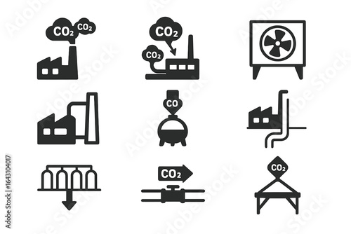 Understanding carbon emissions and reduction strategies through various industrial symbols and icons