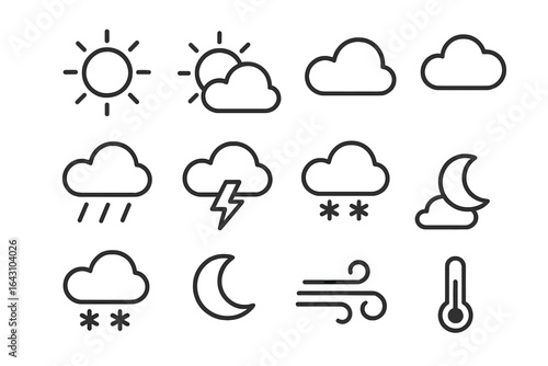 Weather icons depicting various conditions, including sun, clouds, rain, snow, and wind for informative graphic use