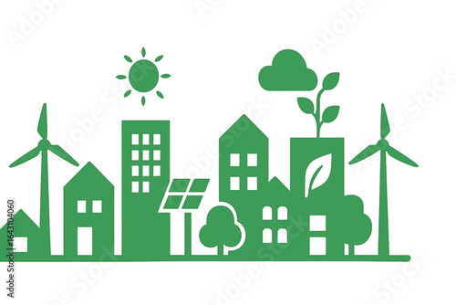 Modern urban landscape showcasing renewable energy sources and eco-friendly design features in a sustainable city