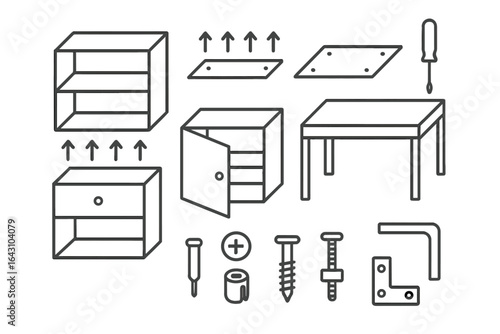 Detailed guide for assembling furniture with tools and parts laid out clearly for easy understanding