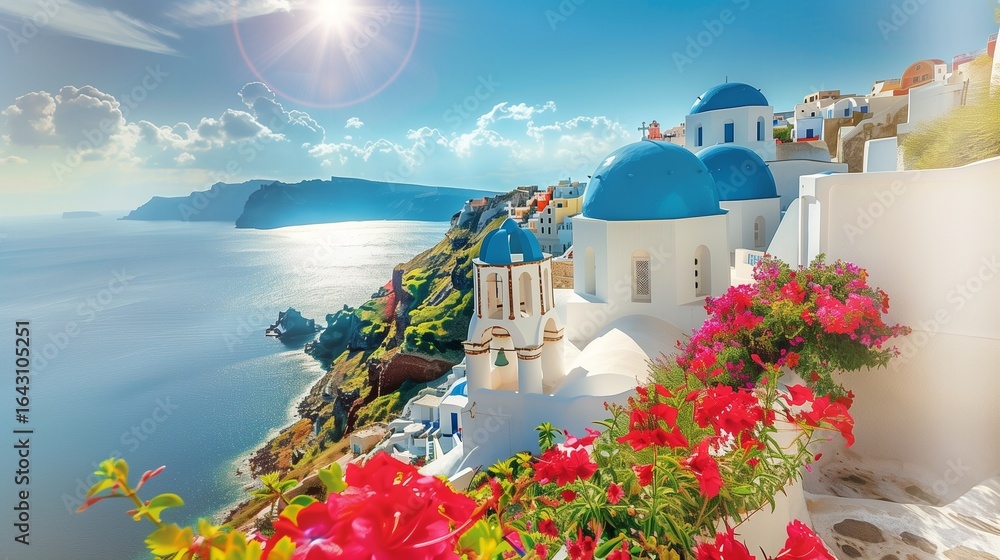 Fototapeta premium Santorini landscape featuring traditional blue-domed churches and white buildings clinging to a cliffside, with vibrant red bougainvillea flowers in the foreground and the sparkling Aegean Sea and sky