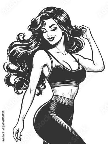 fit retro-style woman in workout clothes, posing confidently with hands in her hair sketch engraving generative ai fictional character vector illustration. Scratch board imitation. Black and white.