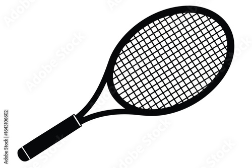 An isolated, black, standard tennis racket is displayed on the white backdrop clearly