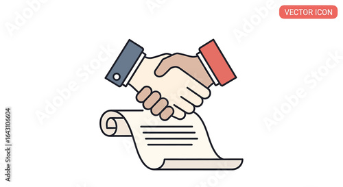 Flat-lay vector illustration of two diverse hands shaking above a contract, signifying a business agreement, with a clean white background and a minimalist style