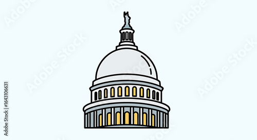 Simple line art illustration of the US Capitol building dome against a light blue background, showcasing architectural details in a calm, neutral color palette.