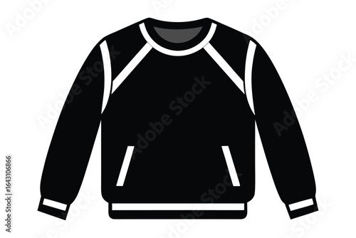 Black sweatshirt features white stripes along the shoulders and cuffs 