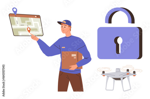 Courier with parcel interacts with digital map for location selection. Nearby, a drone and lock emphasize secure delivery and advanced logistics. Ideal for delivery, technology, innovation, security