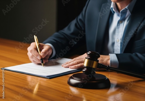 Judge Signing Legal Document at Desk with Gavel