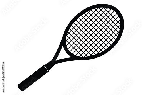 An isolated black tennis racket is placed on a clear white surface right now