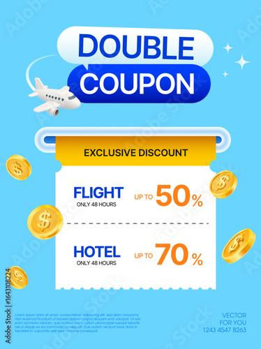 3d flight discount coupons are being printed from a slot with coupon code, 50% off, isolated on background with airplane. Airplane gift voucher banner template in 3d vector illustration. Vector