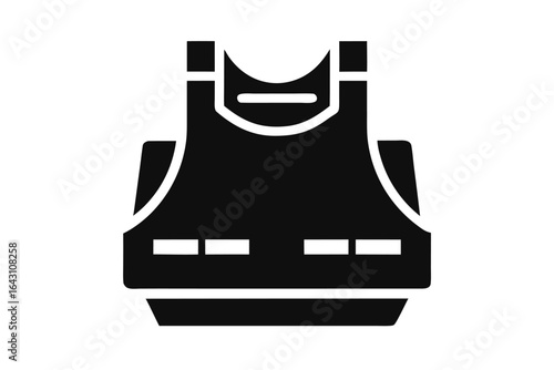 Black bulletproof vest outline showcases tactical defense and protection on white backdrop