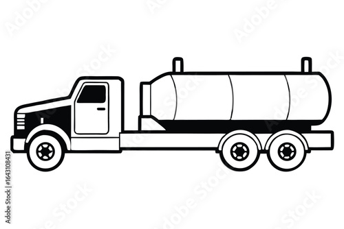 Black and white fuel tanker truck with distinct outlines isolated on a white background