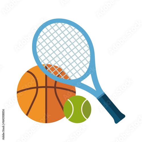 Basketball tennis racket and tennis ball sports equipment representing different athletic activities and competitive recreational pursuits graphic design