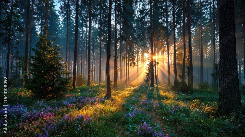 Fototapeta premium Sunrise in a misty forest, wildflowers bloom