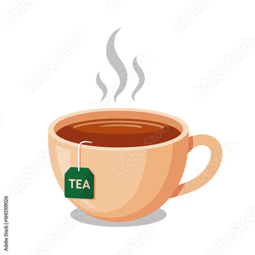 Hot cup of tea steaming with teabag isolated on white background offering a comforting and relaxing beverage for cold days