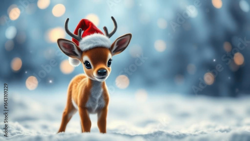 Adorable baby reindeer wearing a santa hat in a snowy forest with bokeh lights
