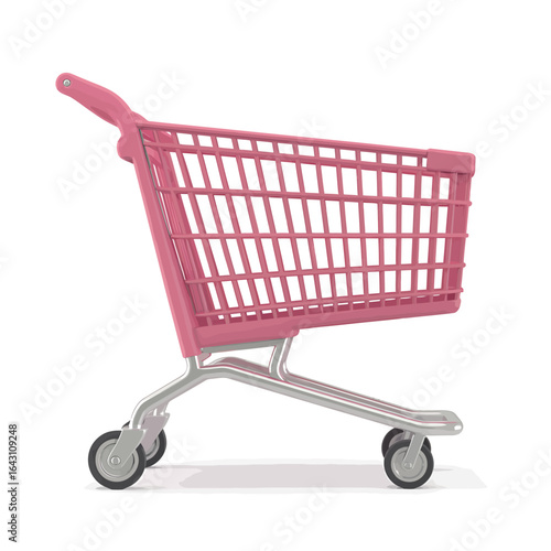 Isolated pink shopping cart on white background representing retail and consumerism with copy space ready for use in promotional designs