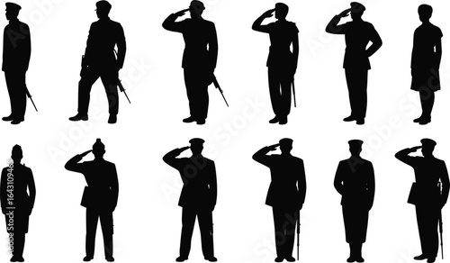 Military salute silhouettes, soldier vector clipart, armed forces graphic, army personnel outline, officer illustration, black uniform artwork, defense service design set for projects