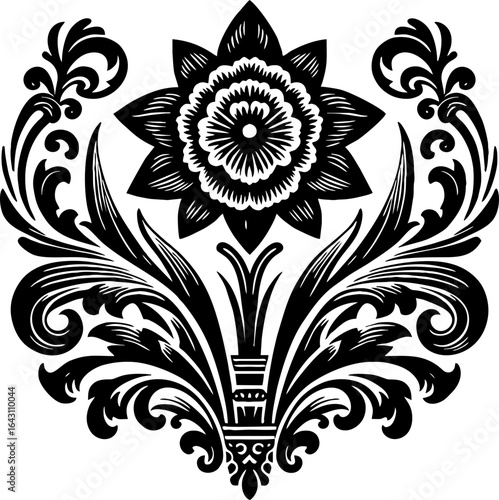Narcissus Flower Solid Black Silhouette in Traditional Mexican Folk Art Style