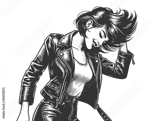 woman in a leather jacket, tube top, and shorts with flowing bob hairstyle and bold attitude sketch engraving generative ai fictional character vector illustration. Scratch board. Black and white.