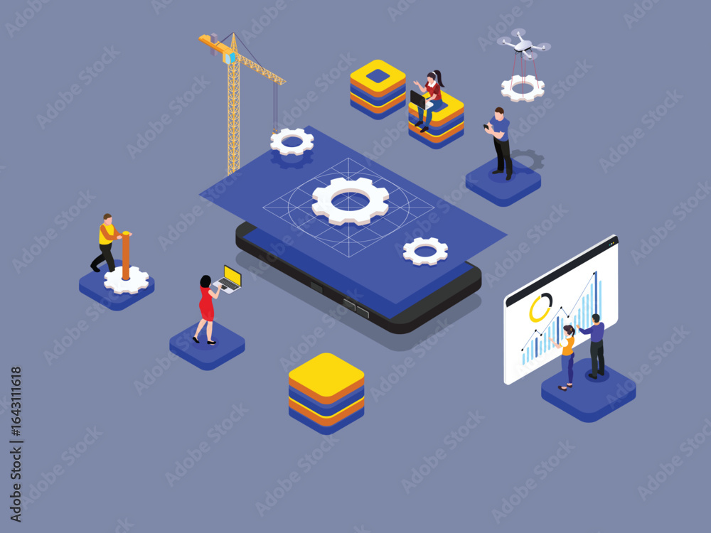 Obraz premium Mobile App Development and Team Collaboration 3d flat vector illustrations
