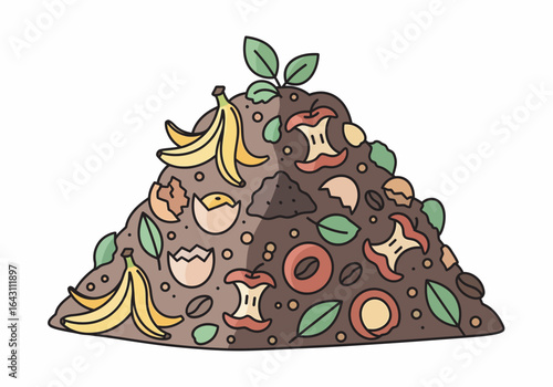 A compost pile of fruit, vegetable, and eggshells, ready for decomposition.