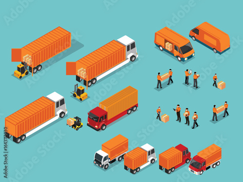 Logistics and Freight Transportation Isometric Icons Set 3d flat vector illustrations