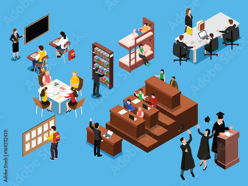 University Campus Life and Student Activities 3d flat vector illustrations