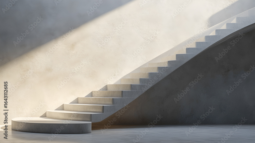 Fototapeta premium Modern architectural staircase with smooth concrete steps illuminated by natural light, creating a serene atmosphere in a minimalist interior space