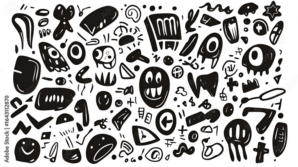 Obraz premium Abstract black and white illustration featuring various playful doodles, shapes, and characters, creating a whimsical and energetic visual composition for creative projects