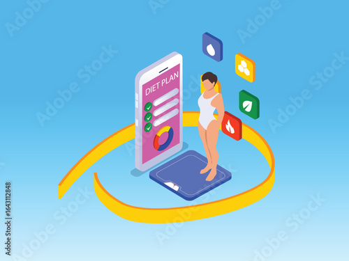 Diet and Weight Loss Management Mobile App 3d flat vector illustrations