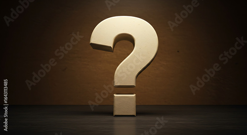 question mark in a box, question mark on a blackboard, Large beige question mark symbol stands on wooden surface. Brown warm textured background, dramatic lighting. Illustration reflects questions in 