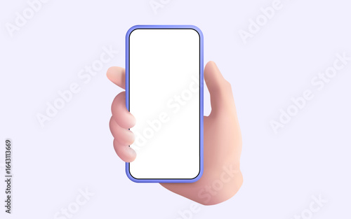 3d Vector illustration cartoon hand holding smartphone device blank screen. Front view, Mobile phone, Communication, Social media, Internet, Online technology, Hand using mobile phone mockup. Eps 10