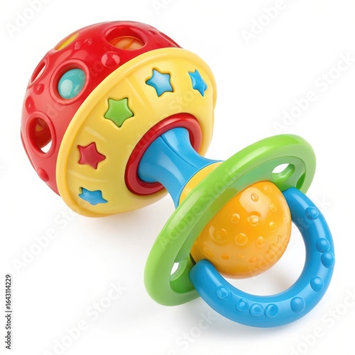 Colorful baby rattle toy with pacifier isolated on white background