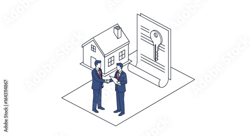 Real estate professionals finalizing a property transaction with a handshake and a house diagram