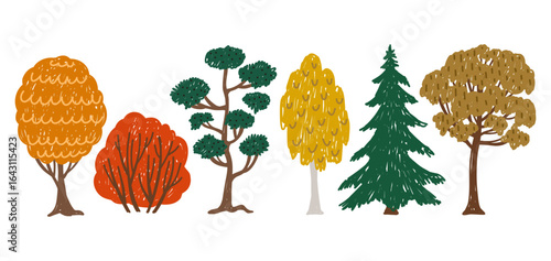 Set of crayon autumn trees painting