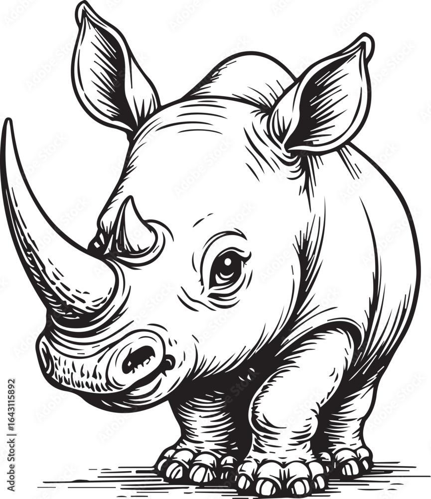 Fototapeta premium Charming Rhino Portrait: A detailed and endearing ink drawing showcases a baby rhinoceros, with its distinctive horn, endearing features, and a sense of charm. 
