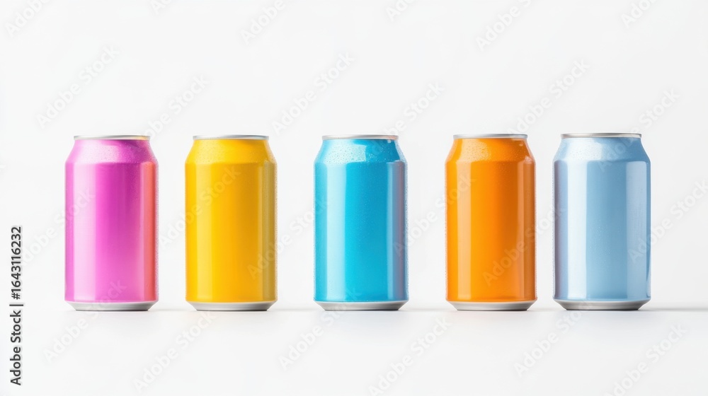 Sci-Fi Soda cans in a line, white background Sci-Fi Soda cans in a line, white background