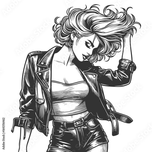 woman in a leather jacket, tube top, and shorts with flowing bob hairstyle and bold attitude sketch engraving generative ai fictional character vector illustration. Scratch board. Black and white.